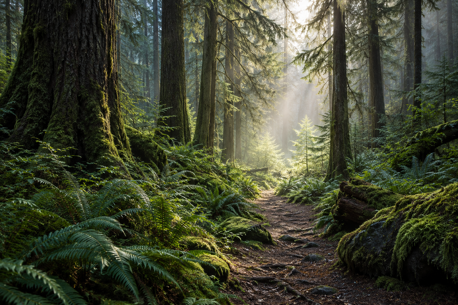 A quiet path through an evergreen forest, opening toward natural light